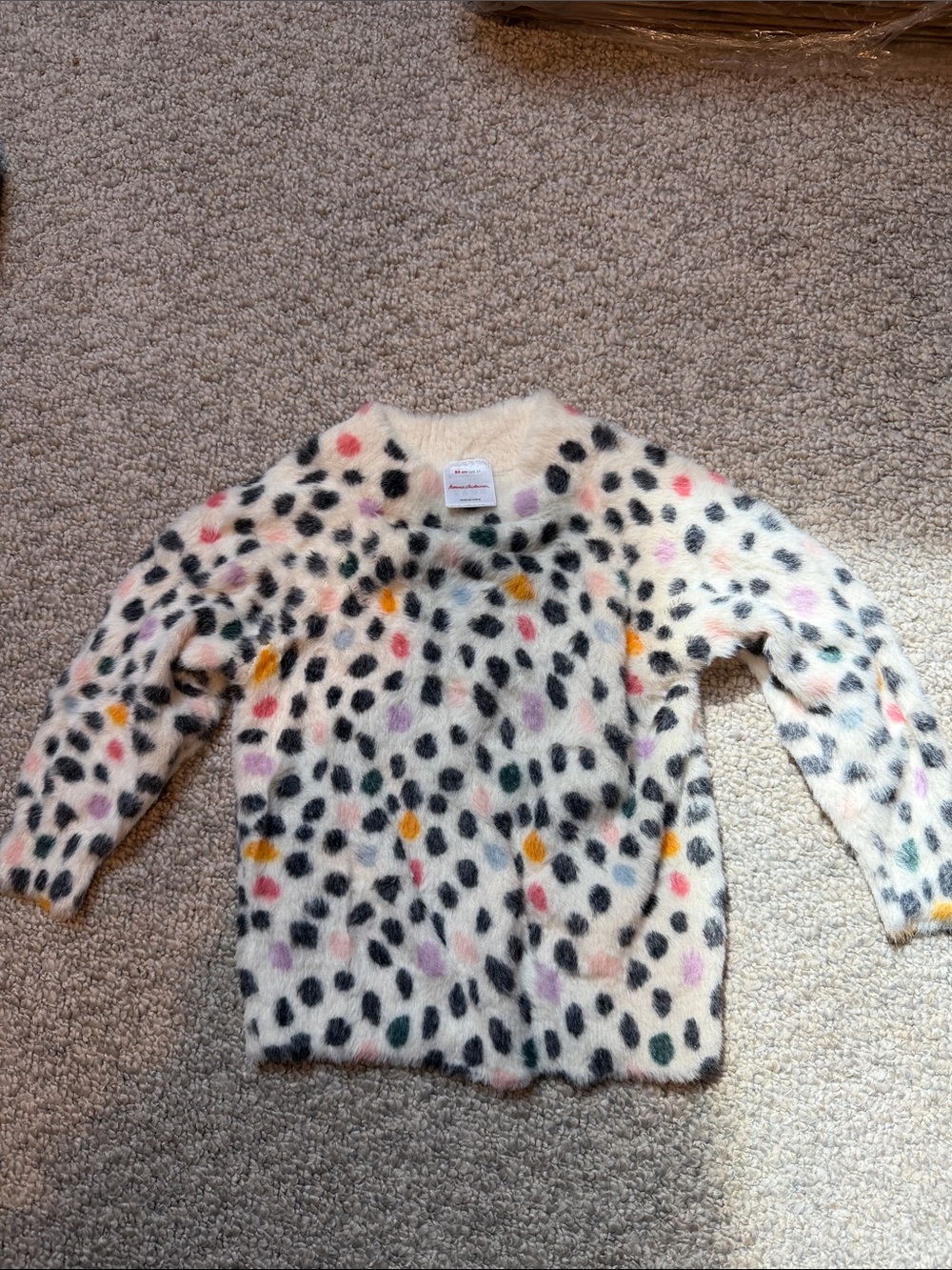 Hanna Andersson Cream Fuzzy Pullover with Black Spots and Multi-Color Accents